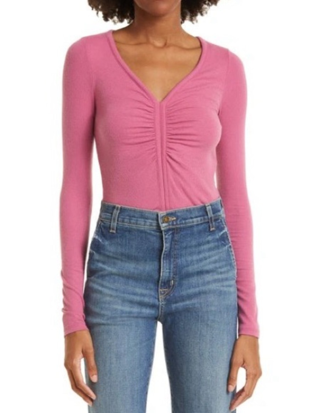 ATM Modal Ribbed Ruched V-neck Top Pink Gardenia Size XS